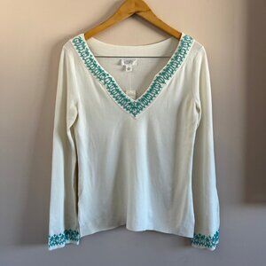 Ann Taylor LOFT | NWT White Long Sleeve Top with Turquoise Embroidery